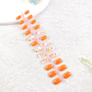 Set de uñas postizas naranjas uñas postizas cuadradas cortas con diseño de flores smiley