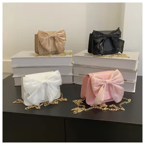Crossbody bag with sheer bow and chain strap, stylish multi-color sweet shoulder handbag.