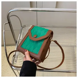 Sac bandoulière tendance vert et marron rétro, petit sac de téléphone élégant femme.