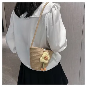Summer straw woven mini bucket bag detail view, casual shoulder crossbody handbag for women.