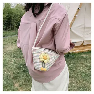 Summer cotton woven mini bucket bag with cute knit flower, casual shoulder crossbody bag