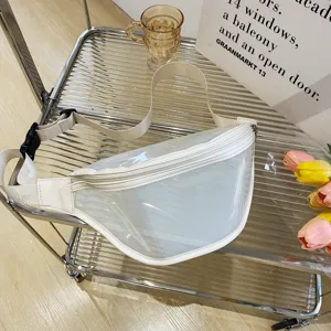 Clear PVC fanny pack for women, waterproof casual waist bag, stylish transparent chest bag.