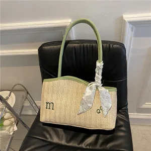 Sac Cabas en Paille pour Femmes Sac à Main Tissé Décontracté avec Foulard Broderie de Lettres Sac d'Épaule de Plage