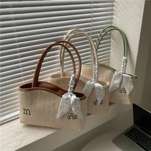 Sac cabas en paille d'été avec poignée foulard, sac à bandoulière tissé chic sac à main décontracté.