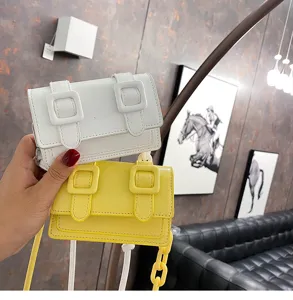 Trendy women mini shoulder bag with double buckle and chain strap, versatile sweet candy style.
