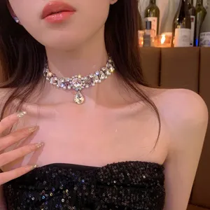Stunning sparkling rhinestone zircon teardrop pearl choker necklace close up detail