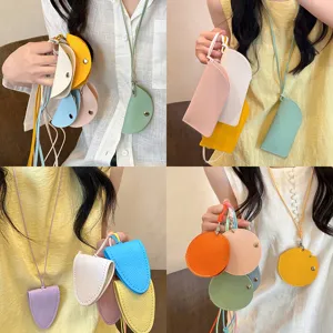 Fashion Leather Eyeglasses Bag Lanyard Necklace For Women Geometric Portable Earphone Case Key Holder Chain Bag Charm Jewelry