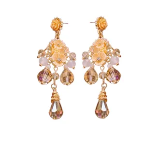 Elegant crystal flower tassel earrings for women, luxury floral drop earrings for daily wear.