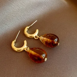 Vintage brown resin teardrop earrings with gold plating and silver pins for women chic daily wear