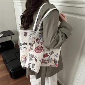 Casual minimalist large capacity women shoulder tote bag with cute cartoon travel print daily use