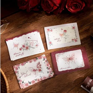 Detailed view of butterfly rose greeting cards with floral background, perfect for gift decoration.