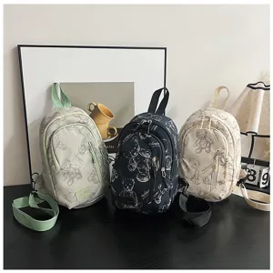Zaino monospalla casual in tela con stampa di orsacchiotto carino, borsa da petto per studenti.