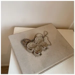 Silberne metallische Schmetterlings-Abendtasche mit Metallkettenriemen, elegantes Mode-Detail.