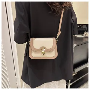 Chic color-block crossbody bag featuring a cute rabbit metal lock and slim shoulder strap.