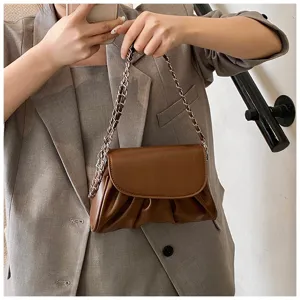 Vrouwen stijlvolle bruine gerimpelde schoudertas met metalen ketting zachte lederen crossbody