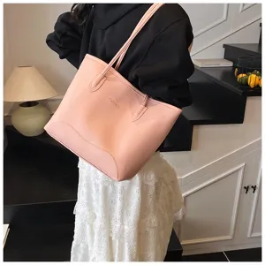Κομψή ροζ γυναικεία τσάντα shopper από PU δέρμα με υφή λίτσι, μεγάλη casual τσάντα ώμου.