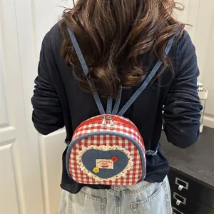 Sac à Dos Casual en Tissu pour Femmes Joli Patchwork à Carreaux Rouges Cartable d'École Sac de Voyage Mode Quotidien