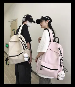Korean style canvas backpack casual school bag for women and students with cute bear