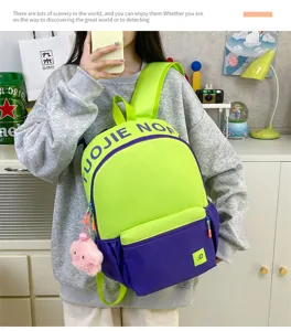 Sac à dos color-block style collège, grande capacité, cartable étudiant vert néon et violet.