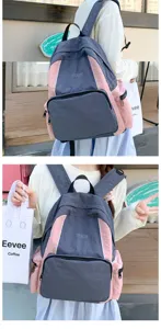 Stylish grey pink double shoulder backpack for school student daily casual outdoor use.