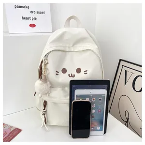 Cute white cartoon backpack detail showing size comparison with tablet and phone for daily use.