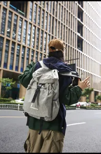 Outdoor travel backpack detail showing durable fabric, comfortable straps and large capacity.