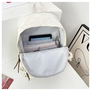 Detailed view of white minimalist backpack open interior compartments with organized storage.