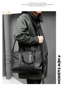 Detail shot of black men's travel duffel bag with shoulder strap and large capacity design.