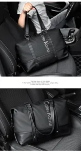 Men travel duffel bag detail showcasing large capacity, durable black fabric, and sturdy handle.