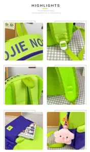 Vue détaillée du sac à dos étudiant colorblock en tons vert et violet avec des bretelles solides.