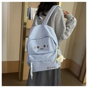Light blue cute canvas school backpack for students, casual lightweight bookbag