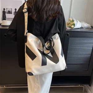 Casual Canvas Tote Bag For Women Large Capacity Shoulder Crossbody Bag Minimalist Letter Patchwork Daily Commuter Handbag