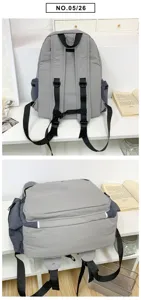 Detailed view of casual gray backpack featuring durable straps and multiple storage pockets.