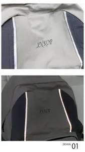 Detail view of the stylish backpack featuring reflective stripes, durable fabric and modern design.