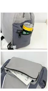 Grey casual backpack detail view showing durable fabric, multiple zipper pockets and side storage.