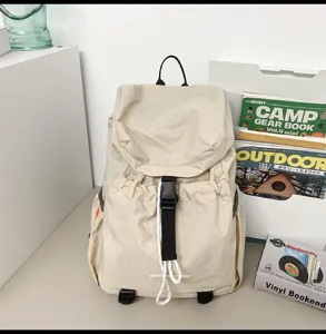 Light beige casual canvas backpack for travel outdoor school, waterproof lightweight bookbag.
