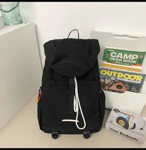 Black casual backpack large capacity travel daypack simple outdoor school bookbag.