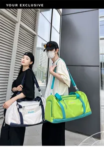Large capacity dry wet separation gym duffel bag for fitness travel yoga sports use.