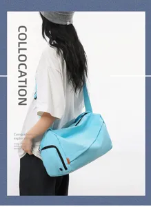 Detail shot of light blue sports duffle bag, showcasing stylish design and wear-resistant fabric.