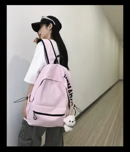 Korean style pink canvas backpack for women school student cute casual daily book bag with bear