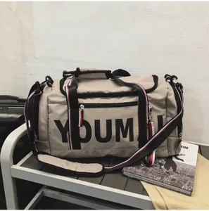 Large capacity gym duffel bag with shoe compartment, beige travel sports bag for men and women