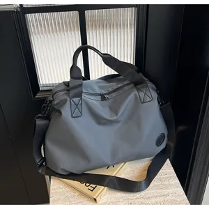 Casual large-capacity nylon travel duffel bag, shoulder crossbody tote in gray, detail view.
