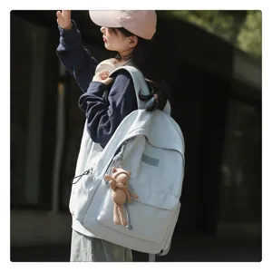 Detailaufnahme des hellblauen lässigen Schülerrucksacks mit süßem Strick-Bärenanhänger.