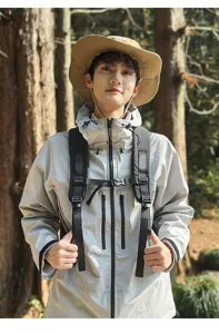 Detailed view of professional outdoor hiking backpack featuring ergonomic straps and buckles.