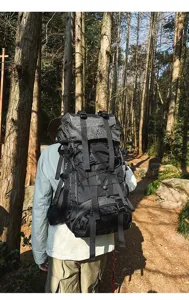 Detail shot of 55L outdoor hiking backpack in forest trail scene, showing durable straps and web.