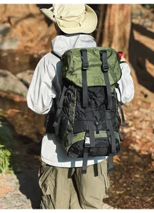 Outdoor hiking camping backpack detail view showing multi-functional straps and large capacity design.