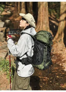 Outdoor hiking backpack detail shot, large capacity tactical rucksack with ergonomic support.