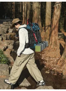Detailed view of the 55L professional outdoor hiking backpack with ergonomic support and gear attachments.