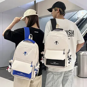Zaino Scolastico di Grande Capacità a Colore a Contrasto per Studenti Borsa Casual in Nylon con Delizioso Ciondolo da Viaggio