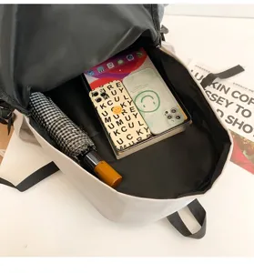 Grosse Kapazitaet laessiger Rucksack innere Detailansicht, minimalistischer Schulrucksack Alltag.